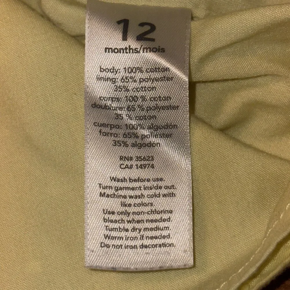 Carter’s Infant Girl’s Yellow Swiss Dot Lined Long Sleeve Tunic Size 12M